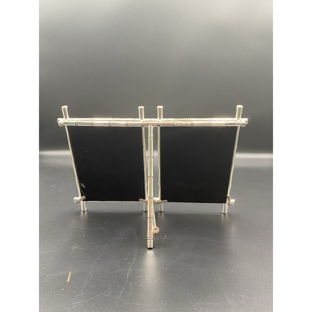 Pottery Barn Double Photo Silver Plate Bamboo Picture Frame Easel Back  3" X 4" - Picture 4 of 4
